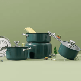 4pcs Stainless Steel Ceramic Coated Pot Set, Including 1 Milk Pot, 2 Stockpots, 1 Non-stick Pan, 4 LIDS And 1 Steamer Green (Option: Green)