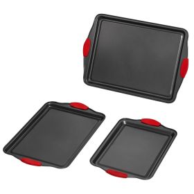 VEVOR Baking Pans Set, 3-Piece, Nonstick Carbon Steel Cookware Sheets & Trays, Stackable Kitchen Oven Bakeware Cooking Sets with Silicone Handles (Default: Default)