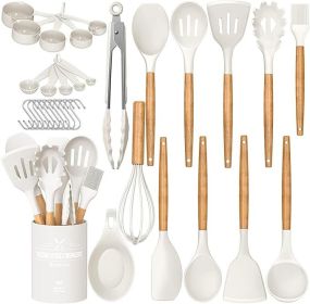 Chef Kitchen Cooking Utensils Set, 33 pcs Non-Stick Silicone Cooking Kitchen Utensils Spatula Set with Holder (Color: Cream White)